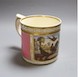 A Derby porter mug of large size painted with birds in a garden scene within a gilt panel on a pink ground c.1825, Red circle mark 11.5cm